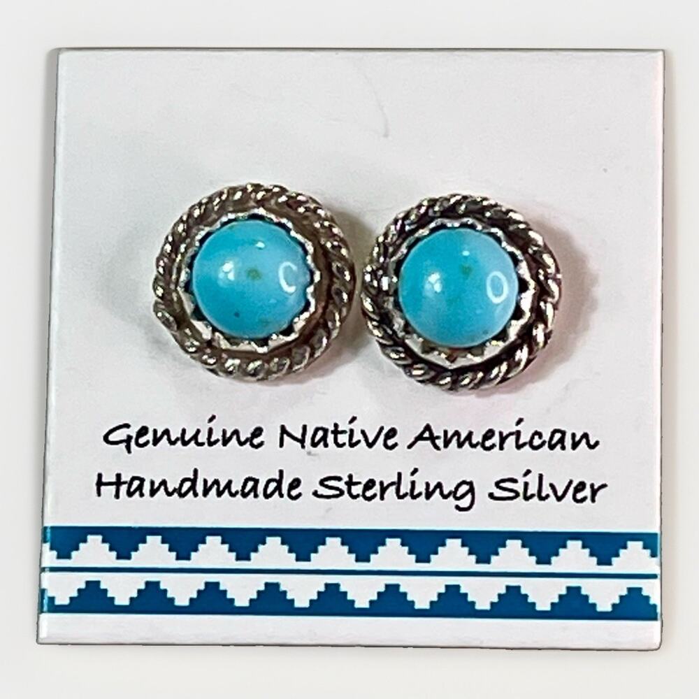 NWT Navajo Esther White Kingman Turquoise Stud Earrings 925 Sterling Silver 3/8"